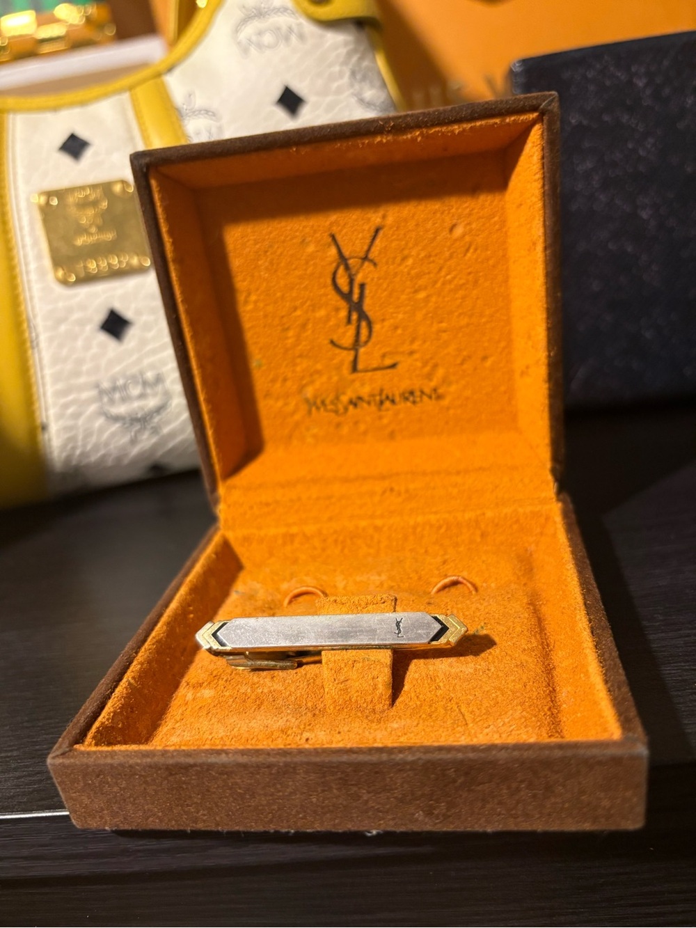 Yves Saint Laurent Two-Tone Gold and Silver Tie Clip in Box